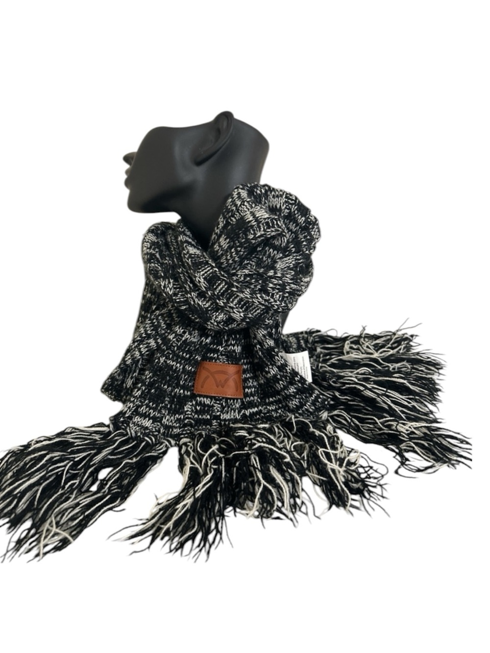 Leeman New York Marled Knit Scarf with Faux Leather Patch & Fringe